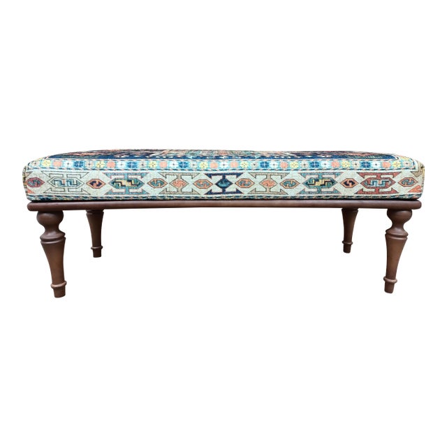 Blue Rug Print Fabric Upholstered Bench For Sale