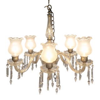 Vintage 5 Arm crystal.and Glass Chandelier From the 1950's For Sale