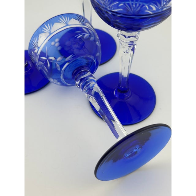 1980s Cobalt Cut-to-Clear Bohemian Stemware | Set of 4 Tasting / Cordial Glasses For Sale - Image 4 of 6