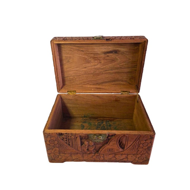 Vintage Asian Hand-Carved Camphor Wood Jewelry Box With Village Scene & Brass Hardware For Sale - Image 14 of 18