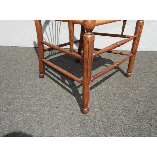 Unique Vintage French Country Oak Rush Seat Arm Chair W Unique Arm Rests For Sale - Image 11 of 12
