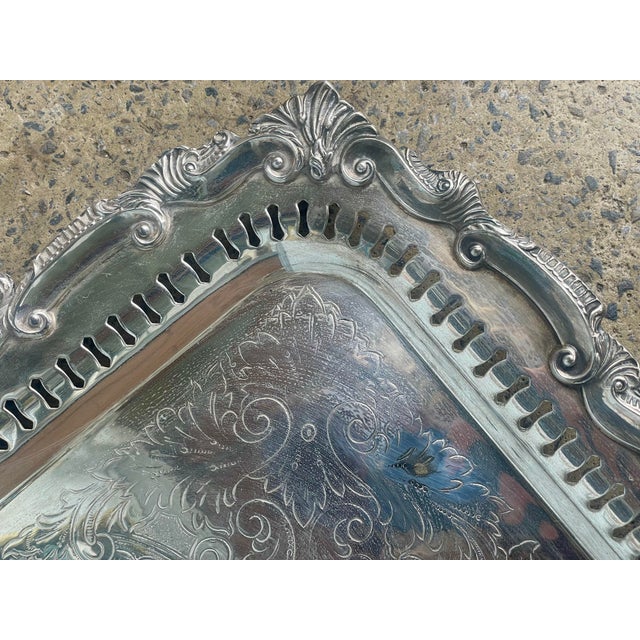 Mid 20th Century Birmingham Large Footed Silver Plate Serving Tray Etched Reticulated Raised Edge For Sale - Image 12 of 12