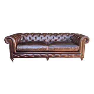 Restoration Hardware Chesterfield Cognac Leather Sofa With Brass Nailhead & Casters For Sale