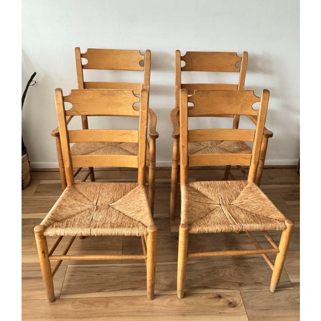 Late 20th Century A Set of Four Rustic Vintage Oak and Rush Seat Dining ...