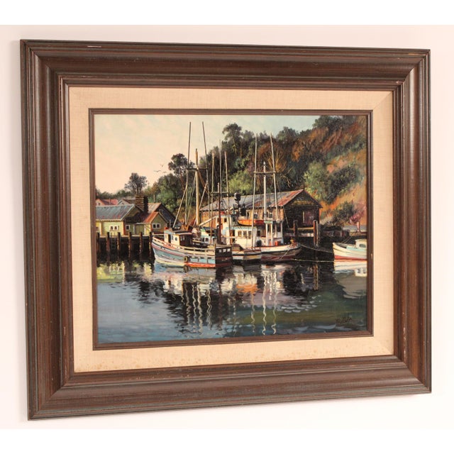 Realism Painting by Filastro Mottola (1915-2008) of Boats in Noyo Bay For Sale - Image 3 of 12