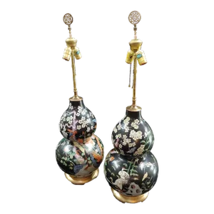 Pair of Mid 20th Century Famille Noir Chinese Double Gourd Porcelain Vase Lamps