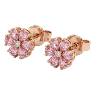 18k Rose Gold Flower Shape Diamond Earrings, A Pair For Sale