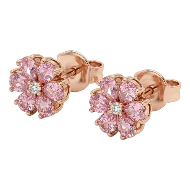 18k Rose Gold Flower Shape Diamond Earrings, A Pair For Sale