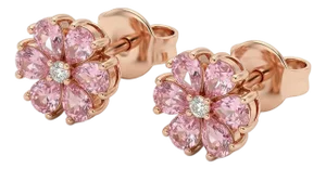 18k Rose Gold Flower Shape Pink Diamond Earrings, a Pair