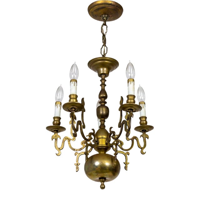 19th Century Dutch 5-Light Brass Chandelier With Flame Detailing For Sale