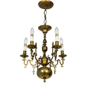 19th Century Dutch 5-Light Brass Chandelier With Flame Detailing