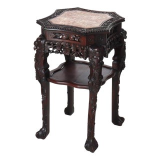 Antique Chinese Floral & Figural Carved Rosewood Rouge Marble Top Stand C1920 For Sale