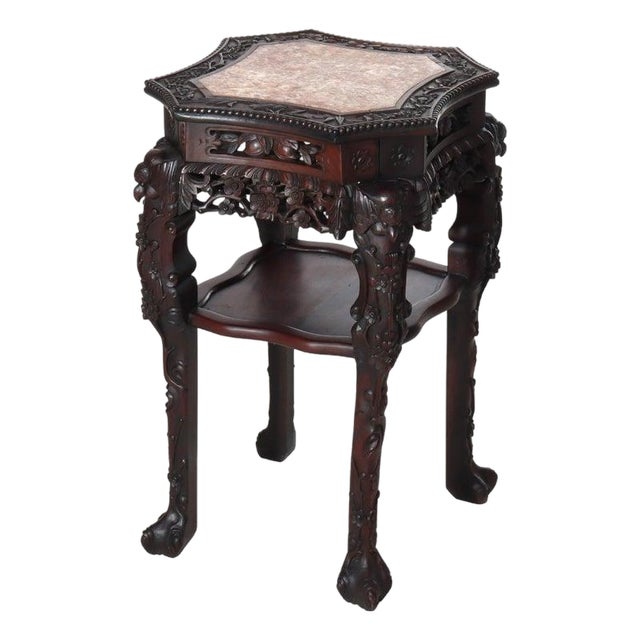 Antique Chinese Floral & Figural Carved Rosewood Rouge Marble Top Stand C1920 For Sale