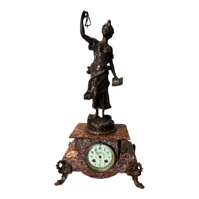 Antique Victorian Marble Mantle Clock With Cast Metal Figural Maiden Statue For Sale