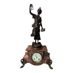 Antique Victorian Marble Mantle Clock With Cast Metal Figural Maiden Statue