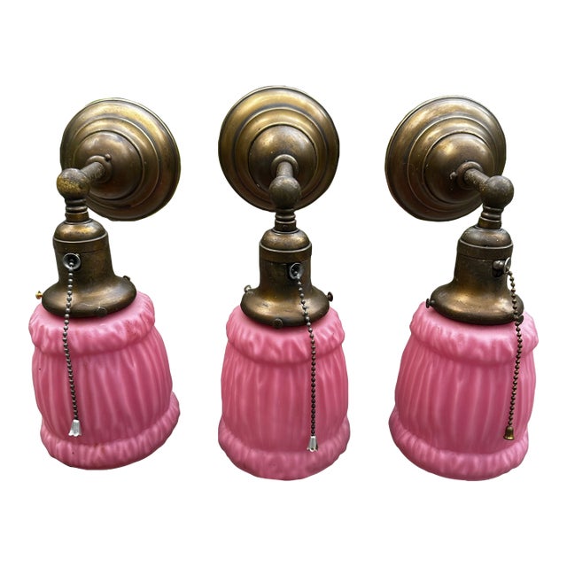 Set of Three Vintage Bradley and Hubbard Sconces With Vintage Linen Fold Shades For Sale