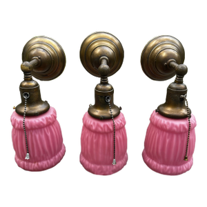 Set of Three Vintage Bradley and Hubbard Sconces With Vintage Linen Fold Shades