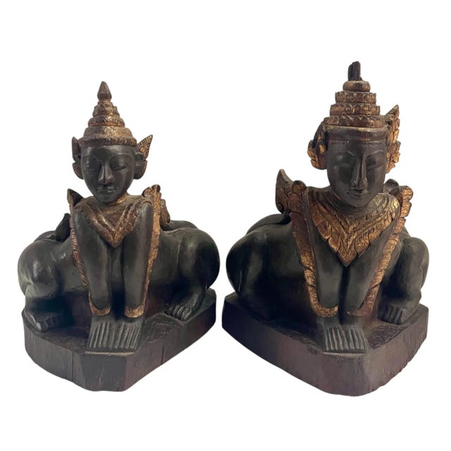 Mythical Burmese Folklore Buddahist Carved Gold Gilt Burma Guardian Lion Statues For Sale - Image 4 of 10