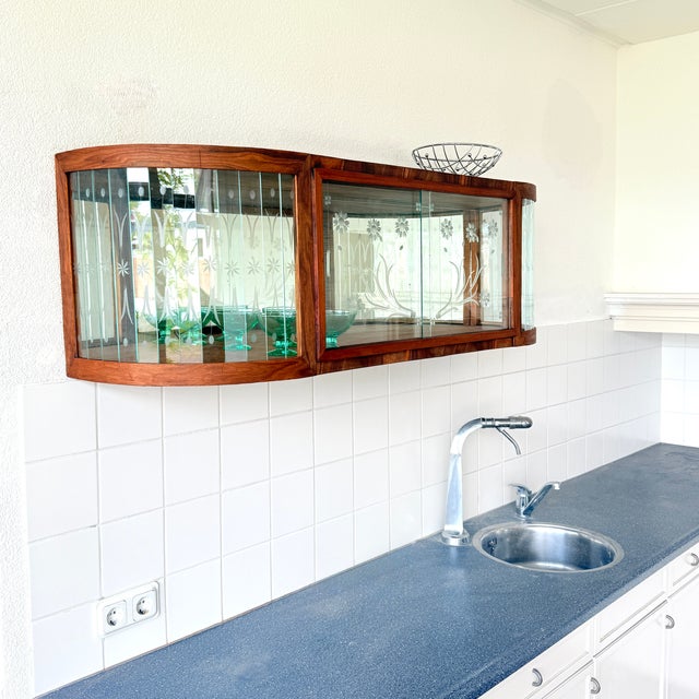 Art Deco Style Wall-Mounted Display Cabinet with Floral Engraving, 1950s For Sale - Image 3 of 15