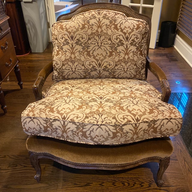 Elegant Custom French traditional lounge chair by Stoneleigh Ltd. Furniture Makers, featuring a classic damask-style...