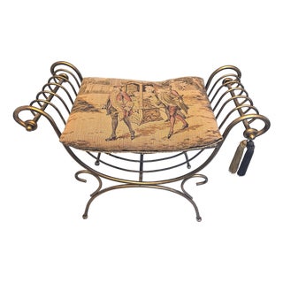 Mid-Century Italian Hollywood Regency Gilt Metal Rope & Tassel Vanity Bench With Tapestry Seat For Sale