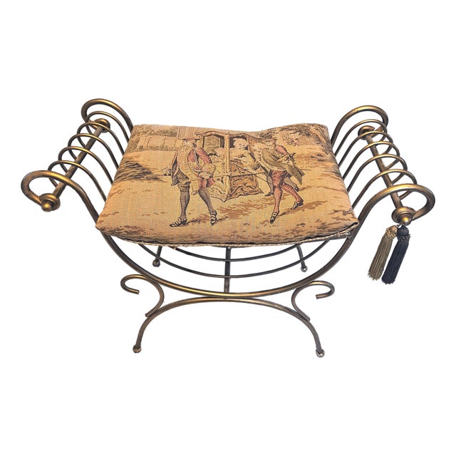 Mid-Century Italian Hollywood Regency Gilt Metal Rope & Tassel Vanity Bench With Tapestry Seat For Sale