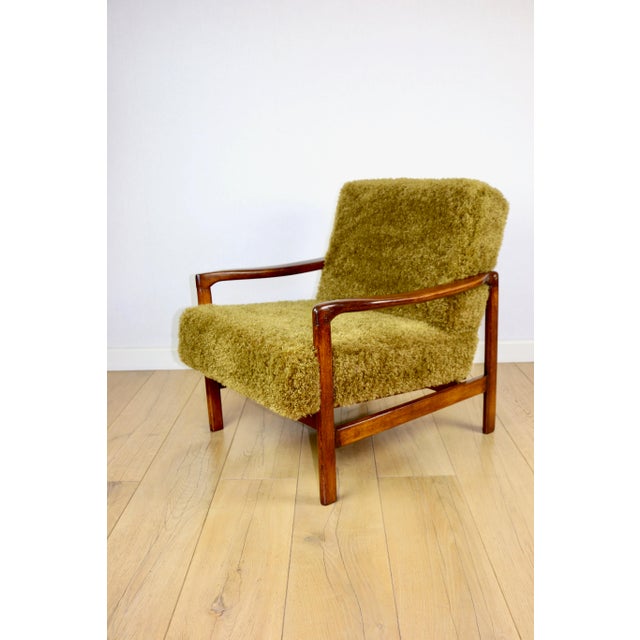 Vintage Wooden Armchair with Khaki Long Hair Upholstery by Z. Bączyk, 1970s For Sale - Image 10 of 13