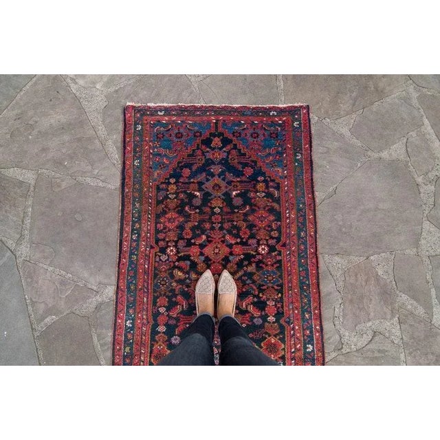 1940s Vintage Floral Geometric Ink Blue Scarlet Red Hand Knotted Wool Low Pile Accent Rug - 3’4” X 6’4” For Sale - Image 4 of 11