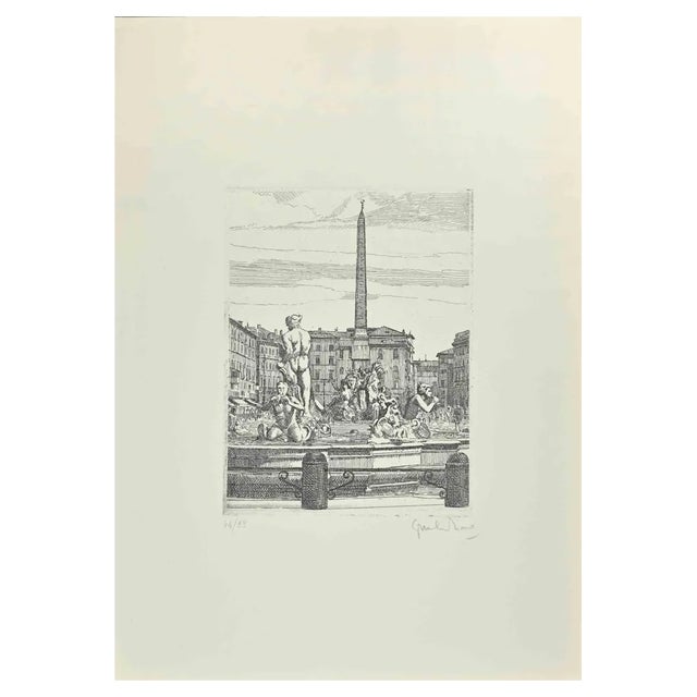 Giuseppe Malandrino, Navona Square, Fountain of 4 Rivers, Etching, 1970s For Sale