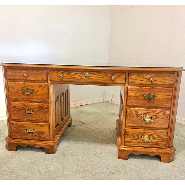 Brown Vintage 1989 Solid Oak Executive Desk With Glass Top and Locking Drawers For Sale - Image 8 of 11