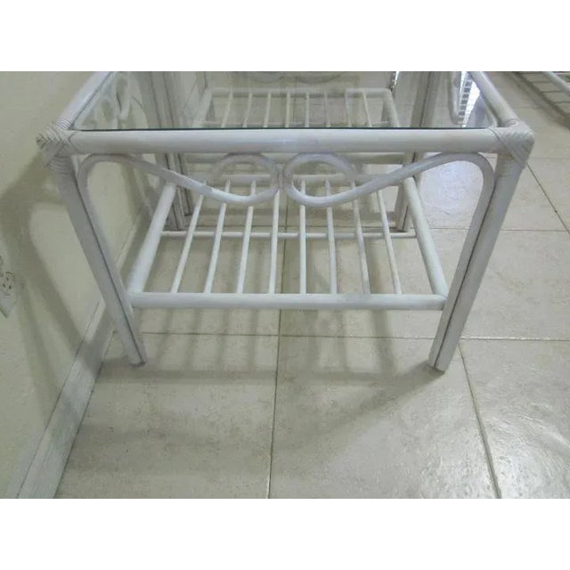 Coastal Bamboo Rattan White Coffee Table With Two End Table Glass Top Set of 3 For Sale - Image 9 of 12