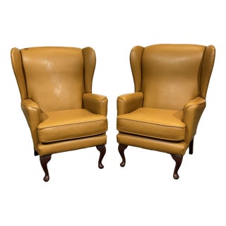 Vintage English Wingback Chairs in Leather, 1980s, Set of 2 For Sale