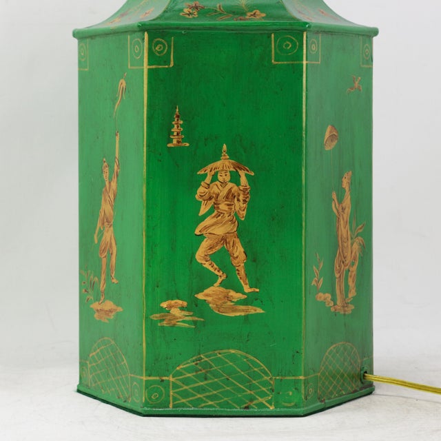 Pair of Vintage British Chinoiserie Green and Gold Hexagonal Hand-Painted Tole Tea Jar Table Lamps For Sale - Image 9 of 13
