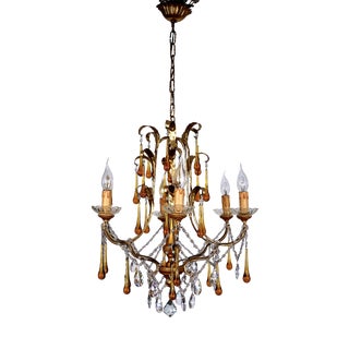 Gilded Metal and Murano Glass Drop Chandelier, 1940s For Sale