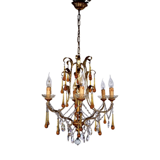 Gilded Metal and Murano Glass Drop Chandelier, 1940s For Sale