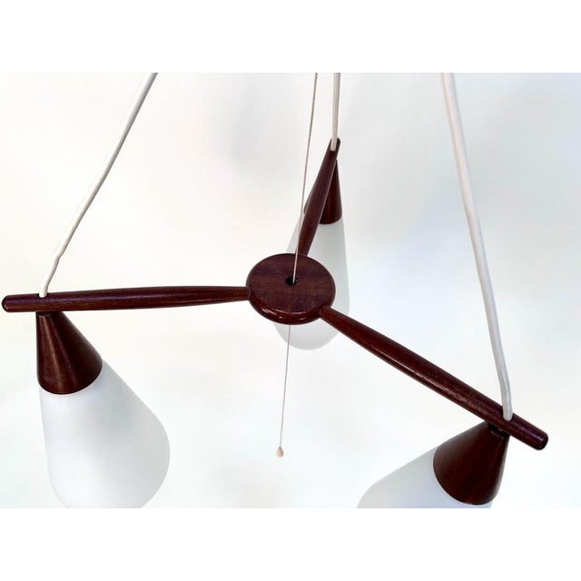 1950s Danish Teak and Opaline Glass 3-Light Drop Hanging Lamp, 1950s For Sale - Image 5 of 16