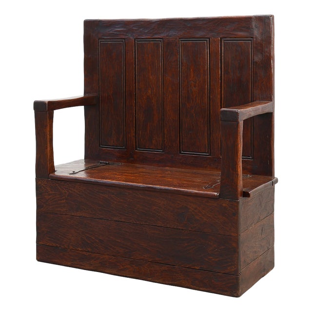 19th Century Rustic Oak Carved Bench with Storage Compartment, France For Sale