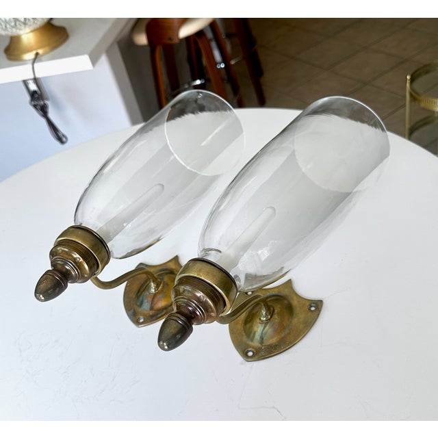 1980s Pair Federal Style Sheild Back Brass Candle Wall Sconces For Sale - Image 5 of 18