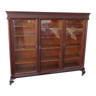 Early 1900s Tiger Oak Long Large China Cabinet Bookcase Cupboard 6583 For Sale
