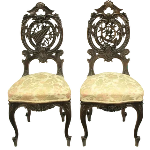 Early 1900s Hand-Carved Walnut French Regency Music Chairs - a Pair