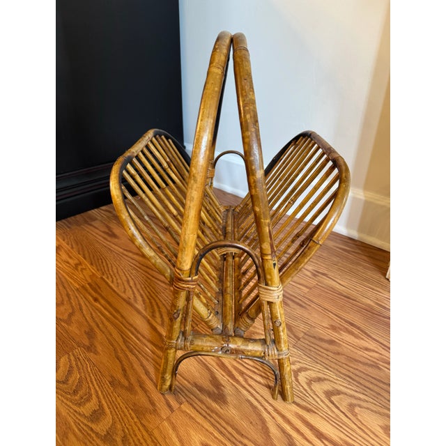 Wood Coastal Tortoise Shell Bamboo & Rattan Arched Handle Collapsible Magazine Rack For Sale - Image 7 of 11