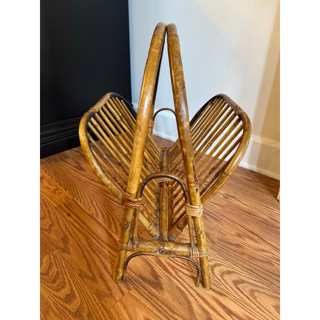 Wood Vintage Coastal Arched Tortoise Shell Bamboo & Rattan Arched Collapsible Magazine Rack For Sale - Image 7 of 11