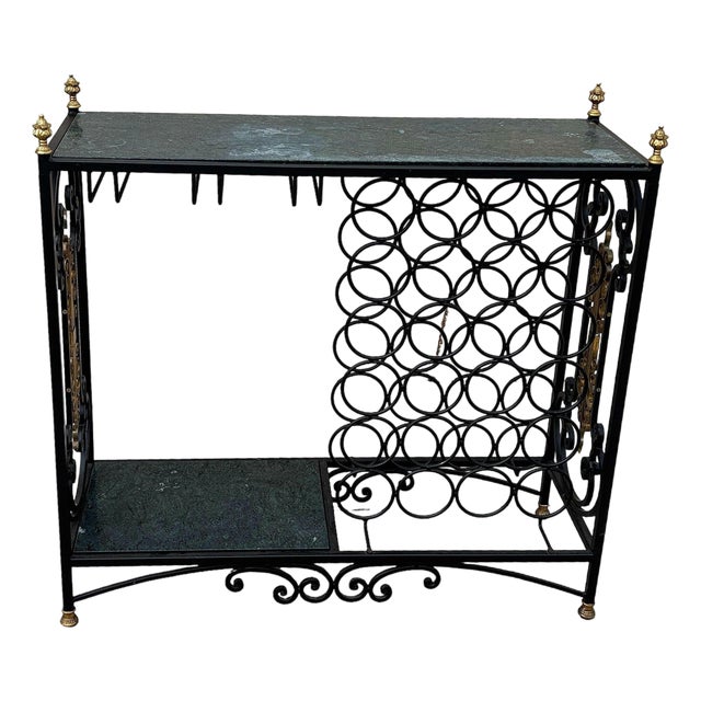 Mid-Century Regency Iron & Brass Wine Bar Console Table W/ Marble Top For Sale