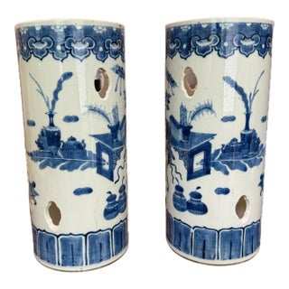 19thC. Pair of Late Qing Blue and White Hat Stands For Sale