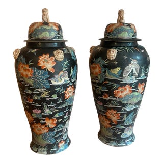 Monumental Famille Noire Palace Jars W/ Lids Foo Dogs For Sale