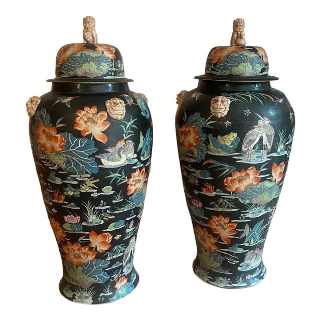 Monumental Famille Noire Palace Jars W/ Lids Foo Dogs For Sale