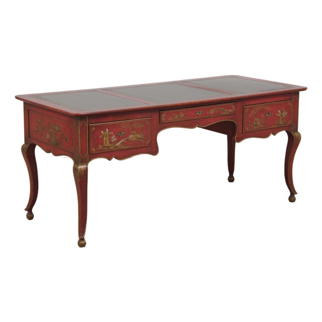 Baker 3 Drawer Chinoiserie Style Leather Top Desk Bureau Plat For Sale