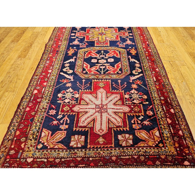 Vintage Persian Hamadan Gallery Rug, Hand-Knotted Wool, Geometric Bird Motifs Design, Navy & Red, 5’ X 11’ For Sale In Chicago - Image 6 of 14