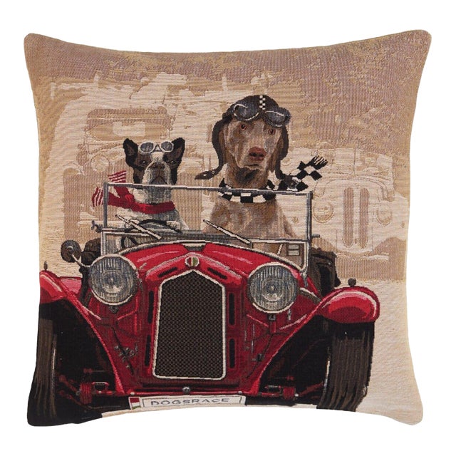 Racing Dogs Red Tapestry Cushion With Feather Filler - 46x46cm (18"x18") For Sale