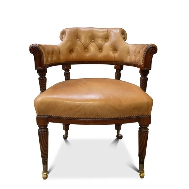 Brown 19th Century Cream Leather Buttonback Captains Chair with Brass Studs & Castors For Sale - Image 8 of 8